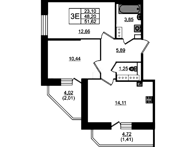 2-комнатная квартира 51.62 м², 20/23 эт., ЖК «Живи! В Рыбацком»